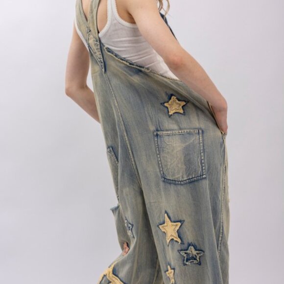 Star And Peace Patchwork Denim Bib Overalls PRE ORDER - Picture 6 of 14